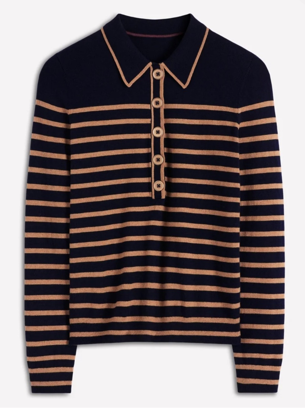 Boden NWT Liz Henley Navy and Tan Striped V‑Neck Polo Cotton Wool Blend Sweater - Picture 2 of 15